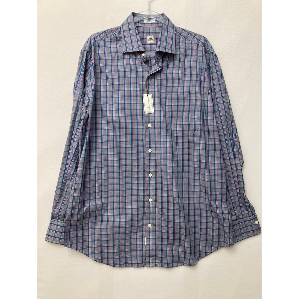 NEW Peter Millar Plaid Button Down Shirt Large Purple Teal Cotton Long Sleeve